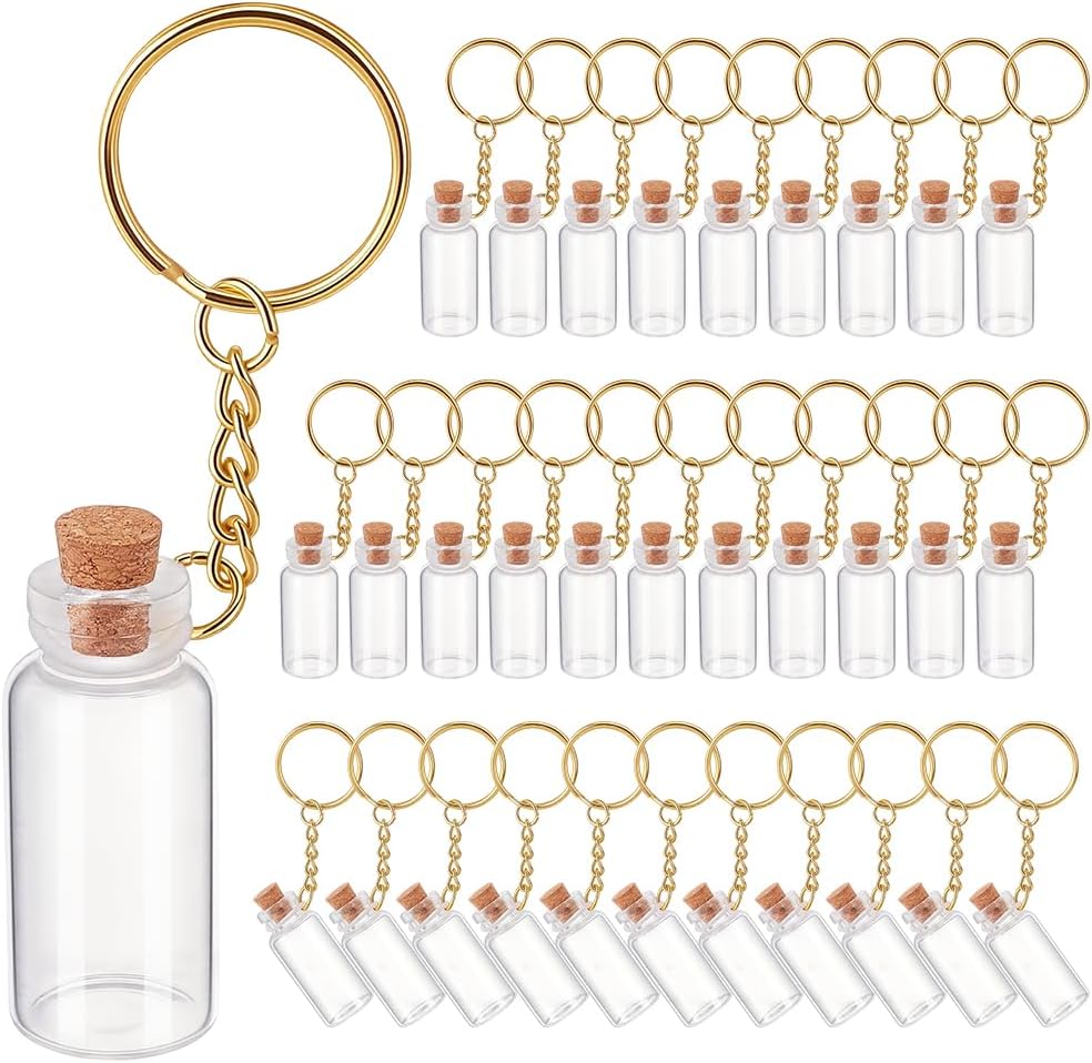 WEBEEDY 36 Pcs Mini Glass Bottles Keychains with Cork, 5ml Tiny Glass Wish Jar Seasoning Bottles Message Potion Bottle for Backpack DIY Crafts Wedding Party Favors Birthday Gifts Home Decor