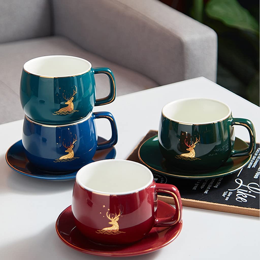 Tassen mit untertassen, Tasse und Untertasse, Porzellanbecher mit Deckel und Griff, Coole sortierte Farben für Erwachsene, für Büro und Zuhause, 9 Unze, Geschenkset für Männer Frauen Dad Mama