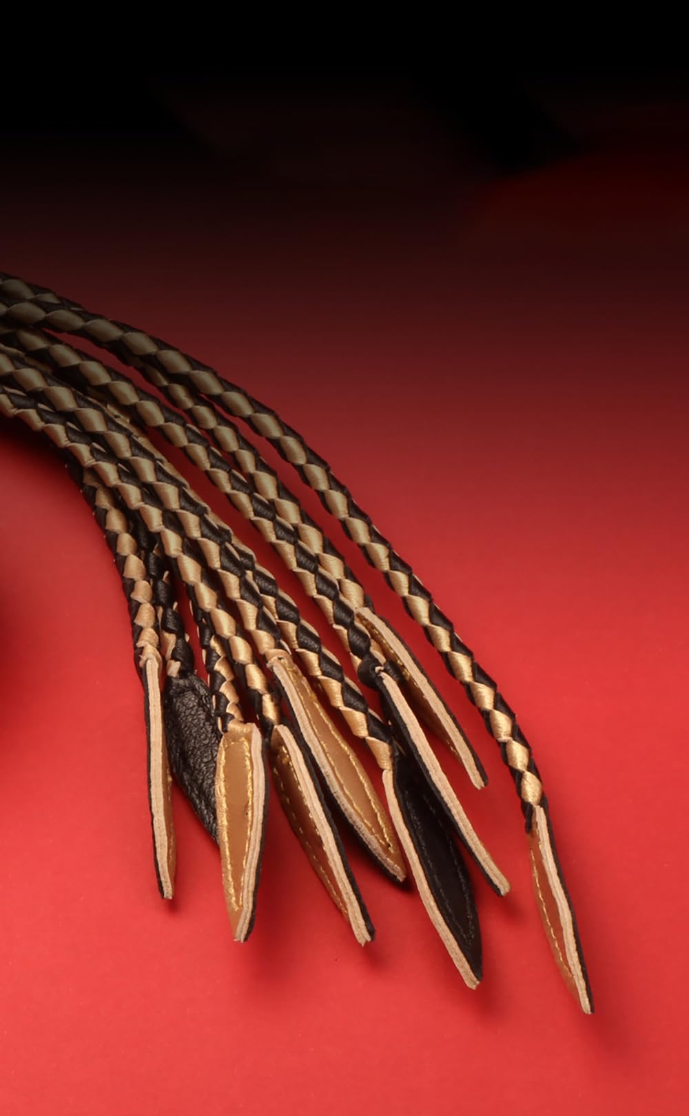 Leder Peitsche in Schwarz und Gold – Geflochtene Quastenpeitsche für Fetisch, BDSM und Bühnenauftritte – Robuster Flogger für Sinnliche Rollenspiele und Shows
