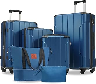 MeraxLuggage Set 6 Piece Expandable Lightweight ABS Hardshell Travel Suitcases with Wheels, Corner Guards (Blue, 6 piece set)