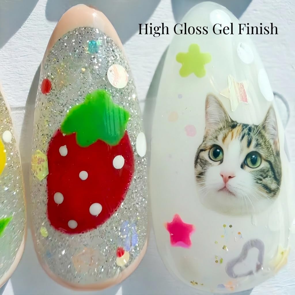 Handcrafted Press On Nails Kawaii Cat Design Cute Animal Cartoon Decals & Chunky Glitter Confetti 3D Charm Embellishments Handmade Jelly Style (Kawaii Cat, Medium L)