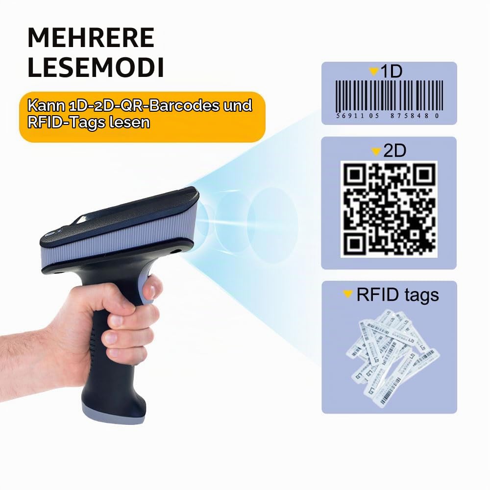 YANZEO SR290 UHF RFID Leser Handheld Terminal Barcode Scanner 1D/2D QR Barcode-Leser Bluetooth 2.4 GHz+Kabel USB Barcode Lesegerät für Schmuck/Bekleidung/Schuhgeschäft, Supermarkt, Lagerhaus