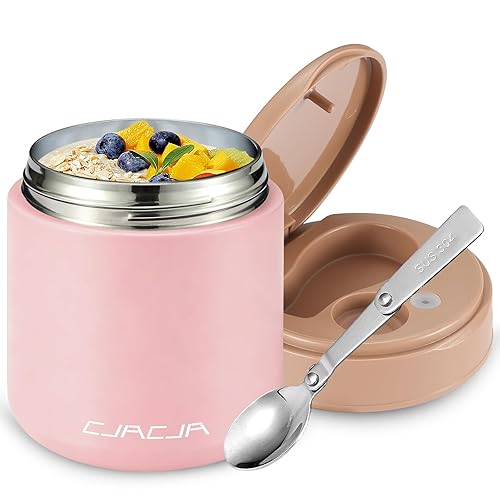 Insulated Food Jar for Kids - 15.2 Oz, Thermo for Hot Food, Soup Thermo, Insulated Food Container, Termos Para Comida Caliente, Width Mouth Stainless Steel Lunch Box with Spoon, Pink