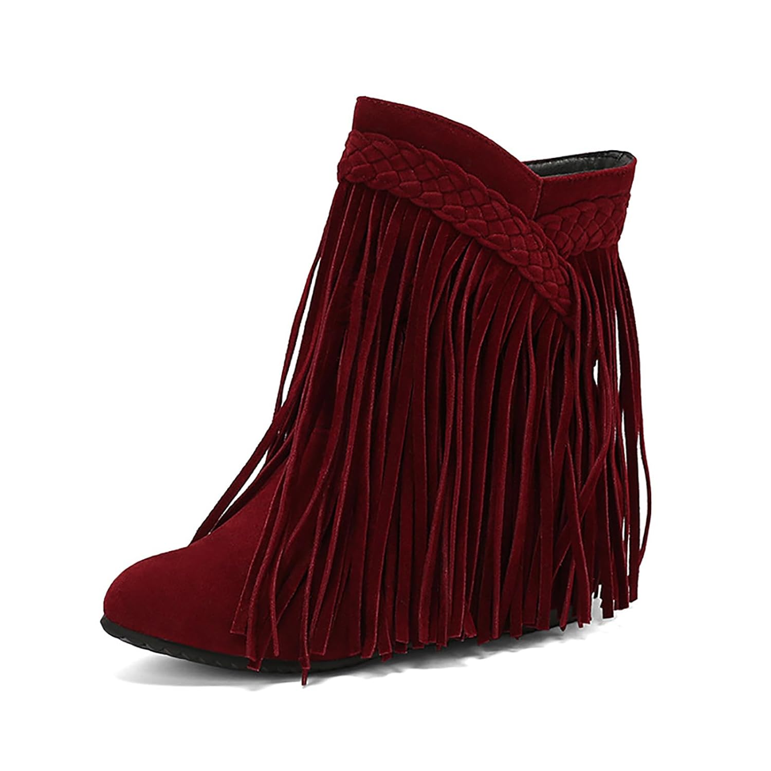 Womens Suede Tassels Mid Calf Boots Outdoor Western Fringe Cowgirl Booties Retro Pointed Toe Internal Height Increase Slip-on