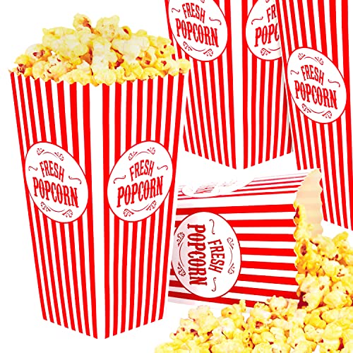 Stock Your Home [50 Pack] Movie Theater Popcorn Boxes Disposable Red &amp; White Striped - 46 oz Capacity - Vintage Snack Box Concession and Carnival Party Supplies, Individual Popcorn Bucket Containers