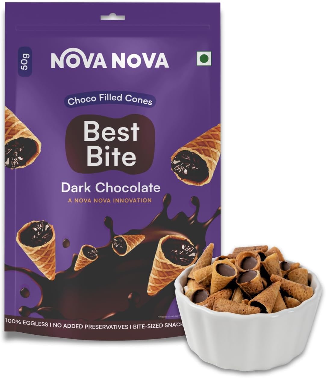 NOVA NOVA Best Bite Choco Filled Cones|Dark Chocolate - Pack Of 2|100% Eggles...