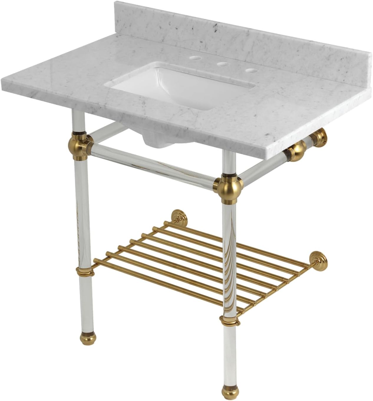 Kingston Brass KVPB36MASQB7 Templeton 36" Console Sink with Acrylic Legs (8-Inch, 3 Hole), Carrara Marble/Brushed Brass