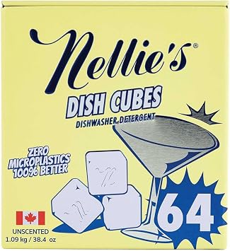 Nellies Dish Cubes | Dishwasher Detergent | 64 Loads | Made in Canada | Cube is the New Pod. Septic-Safe, Phosphate-Free & Unscented, Reusable Tin, Hard Water Friendly