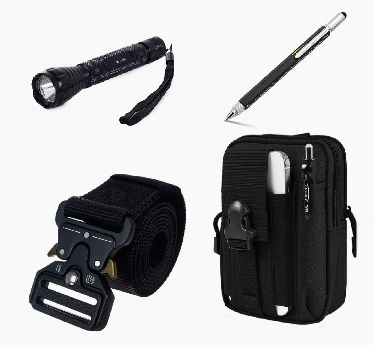 Pack Táctico X4 - Cinturón, Bolsa Riñonera, Linterna Pilas y Boligrafo Multifunción Táctico - Seguridad, Vigilancia, Airsoft, Trabajo, Caza, Kit Supervivencia - Policial, Militar, Profesional.