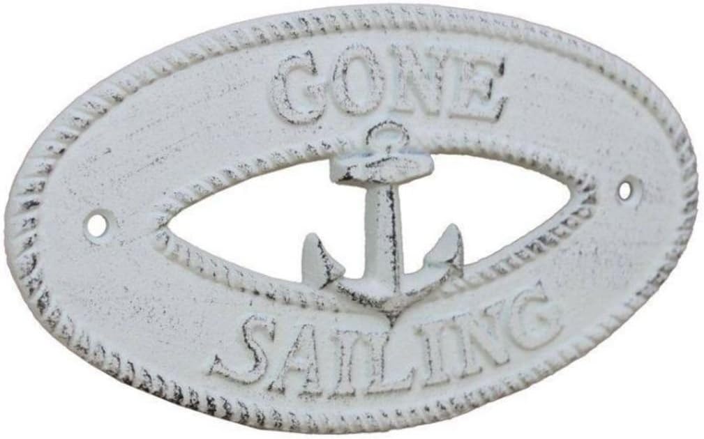 Hampton Nautical K-9304-w Whitewashed Cast Iron Gone Sailing with Anchor Sign 8" - Decorative Metal Wall Art - Cast Iron Nautical
