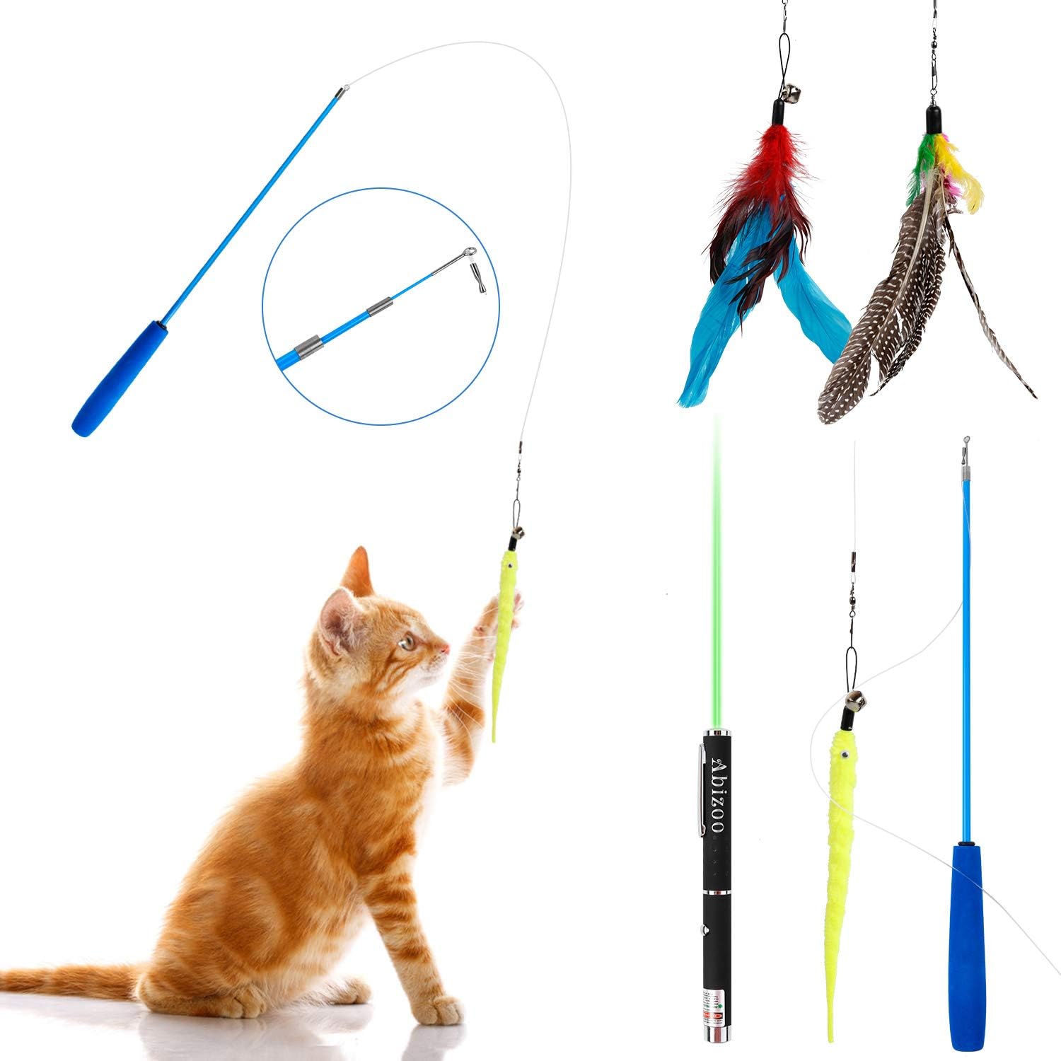 Cat Feather Toys 5pcs Set Retractable Wand with 3 Attachments Worm Bird Bell Feathers and Green Interactive Pen for Training Exercise…