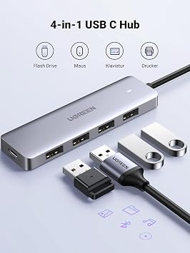 UGREEN USB C Hub with 4 Ports USB 3.0 OTG Adapter Splitter with Power Supply Port Compatible with iPhone 17 Series MacBook Series iPad Surface Pro/Go Thinkpad and More (15 cm)