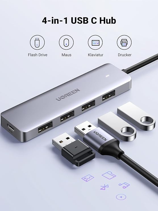UGREEN USB C Hub with 4 Ports USB 3.0 OTG Adapter Splitter with Power Supply Port Compatible with iPhone 17 Series MacBook Series iPad Surface Pro/Go Thinkpad and More (15 cm)