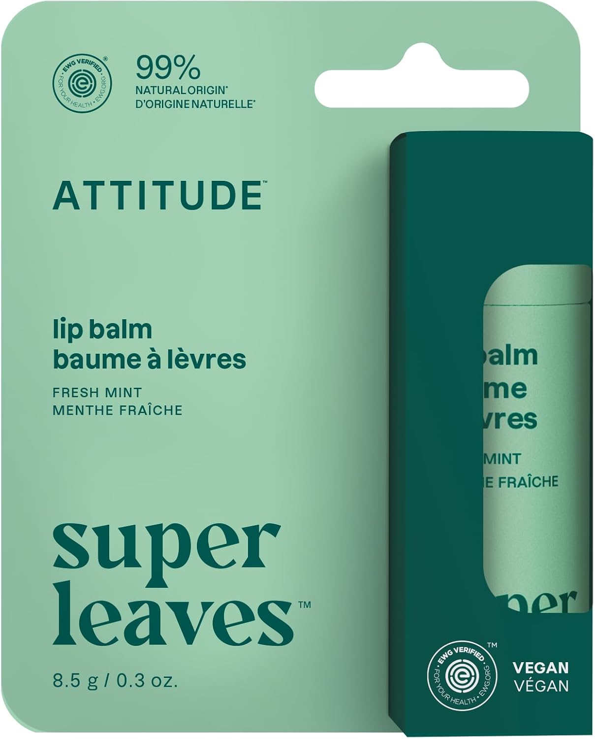 ATTITUDE Lip Balm, Made in Canada, Natural Origin, Nourishes & Protects, Shea Butter, Coconut & Olive Oils, EWG Verified, For Dry Lips, Men and Women, Vegan, Fresh Mint, 8.5 g