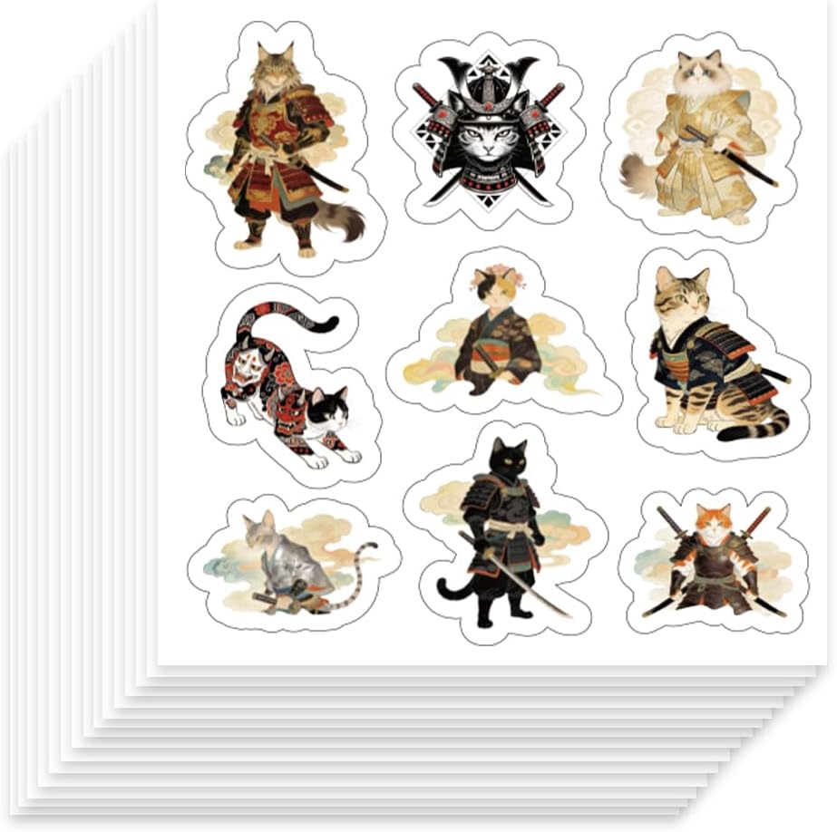 450Pcs Samurai Cat Stickers Self-Adhesive Paper Decorative Stickers Waterproof Planner Decals for Birthday Gift Wrapping DIY Decor Laptop Phone Picture Book 90x90mm/sheet