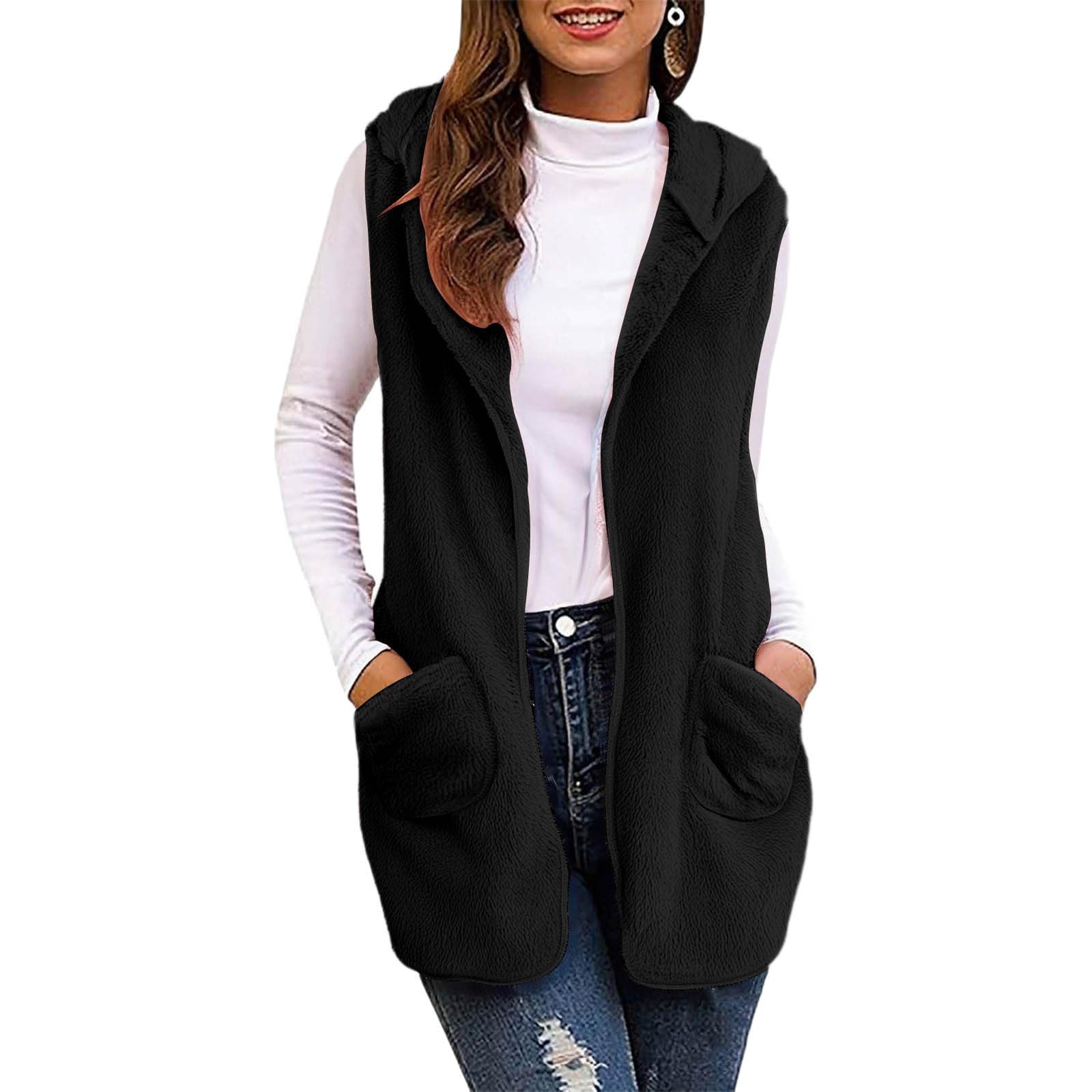 Fleece Cardigans for Women Cozy Sleeveless Vest Cute Oversized Hoodie Lightweight Open Front Chunky Cardigan with Pockets