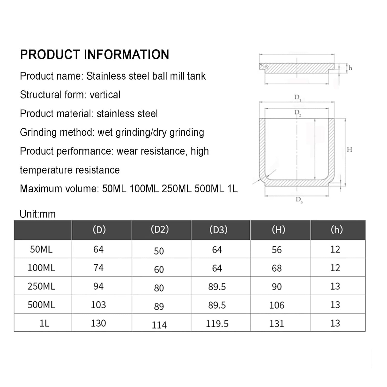 304 Edelstahl Labor Kugelmühle Glas Hohe Härte Mahlbehälter für Nass-/Trockenfräsen einteiliges Design Elektropoliert Keine toten Ecken 50ml-1l Kapazität