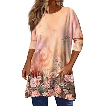 Womens Summer 3/4 Length Sleeve Tunic Tops Trendy Plus Size Flowy Long Sleeve Shirts Casual Elegant Floral Blouses