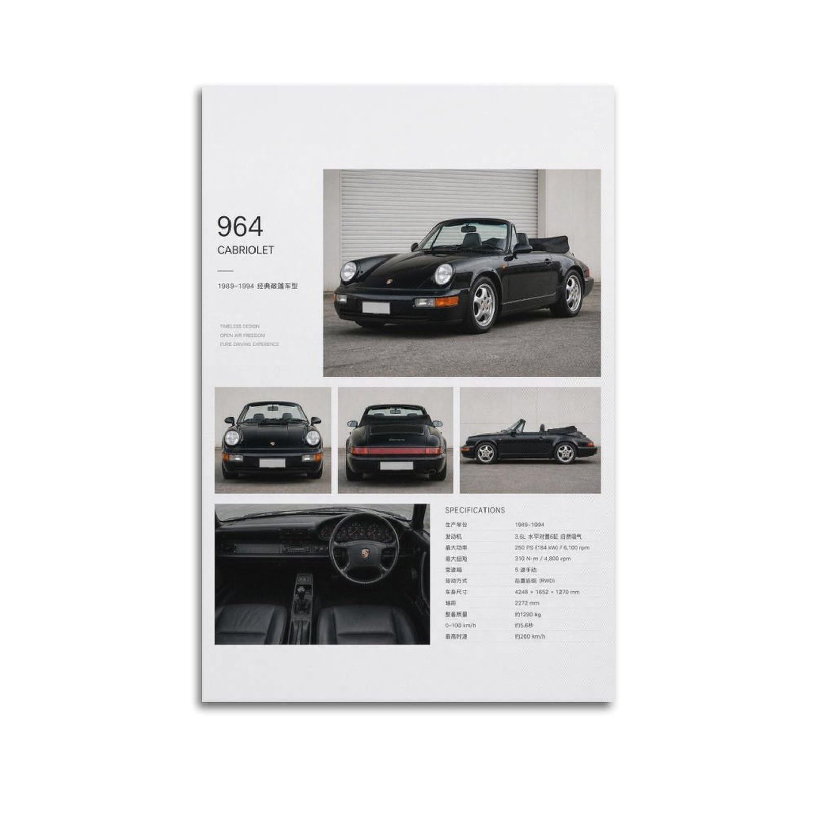 XKUGA German Racing 911 Carrera 964 Cabriolet Poster Supercar Modern Decorative Canvas Prints - Ideal Wall Art for Family, Man Cave, Game Room, Boys & Girls Bedroom 24x36inch(60x90cm)