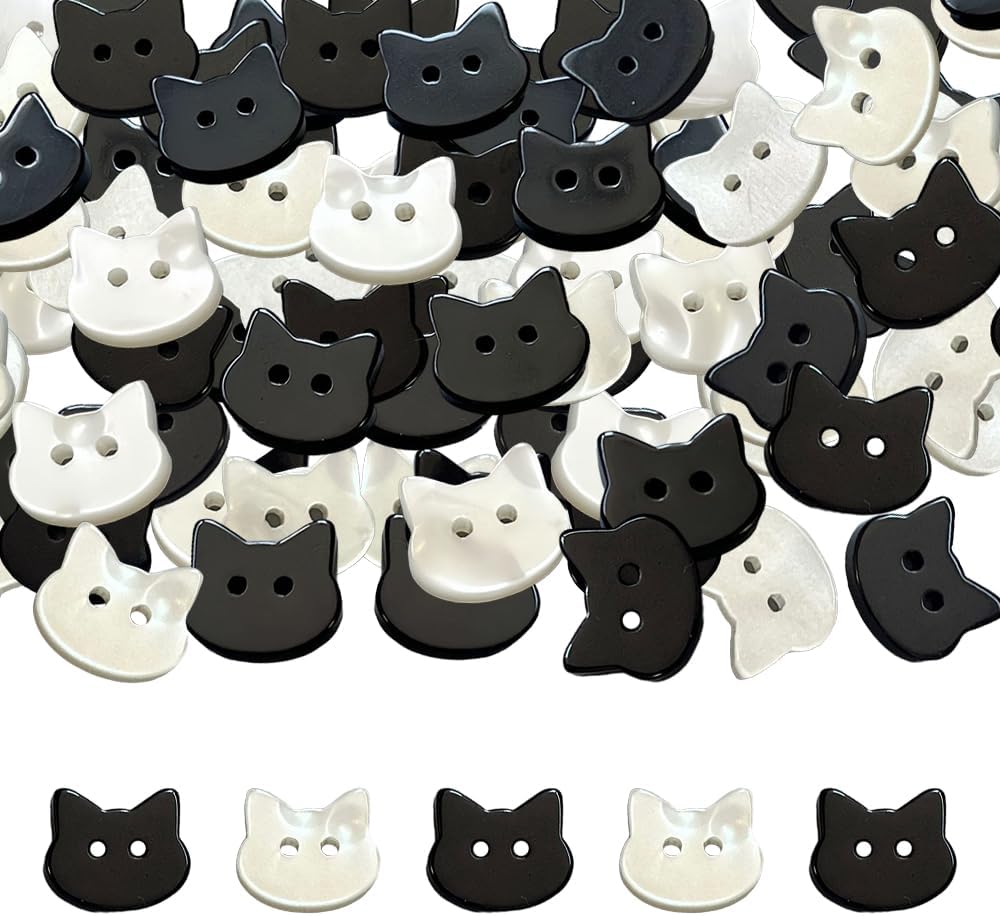 60Pcs Cat Shape Buttons 12mm Resin Black and White Cute Cat Decorative Buttons for Crafts DIY Clothing Sewing Scrapbooking Embellishments (Black White)