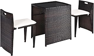 HAPPYGRILL 3 Pieces Wicker Patio Bistro Set, Outdoor Rattan Dining Set, Patio Furniture Set with Cushions for Yard Deck Garden Poolside