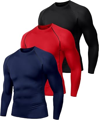 Mens Pack of 3 or 5 Cool Dry Compression Long Sleeve Sports Baselayer T-Shirts Tops