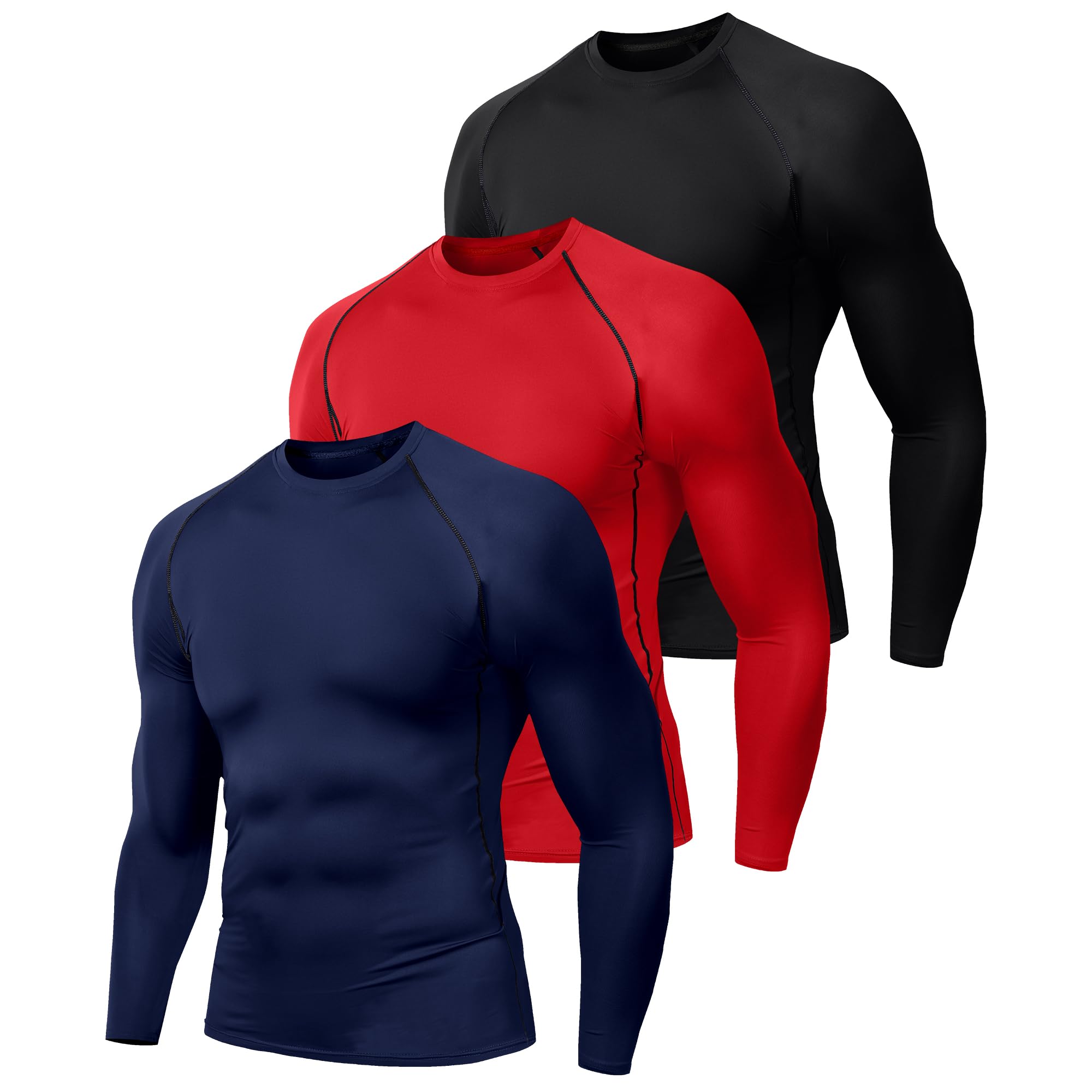 Men's (Pack of 3) Cool Dry Compression Long Sleeve Sports Baselayer T-Shirts Top