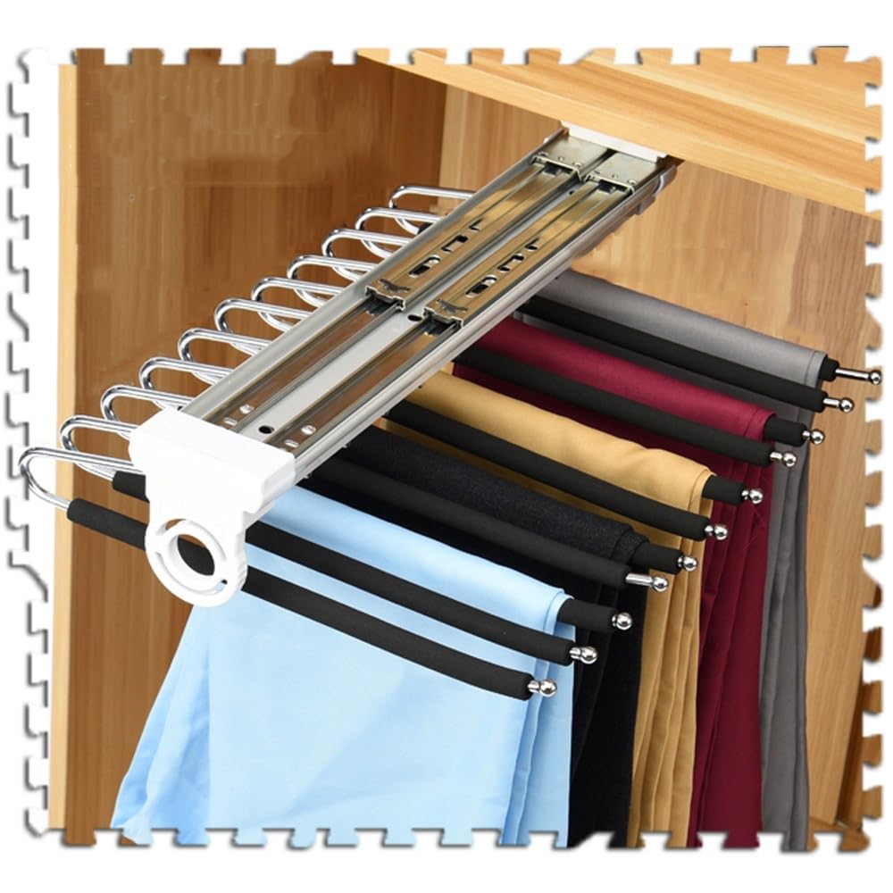 CAFIEDR Heavy Duty Pull-Out Pants Rack - Sliding Closet Organizer For Trousers, Scarves, And Ties - Durable Steel Hangers - Beige Color - Space-Saving Storage Solution.Black