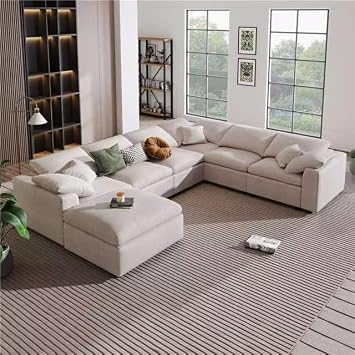 Modern Style Oversized Modular Sectional Sofa with Ottoman, Luxurious L-Shaped Corner Sectional Sofa Set, Reversible Modular Sofa 7 Seater Couch for Living Room Office Beige-14