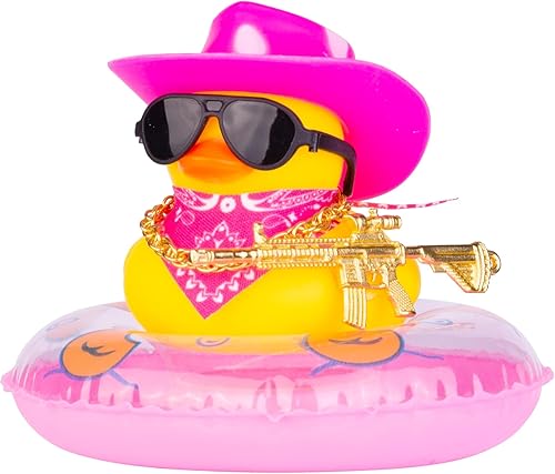 Pato vaquero decoración de tablero de automóvil, anillo de natación de pato de goma para automóvil, accesorios de decoración con mini anillo de