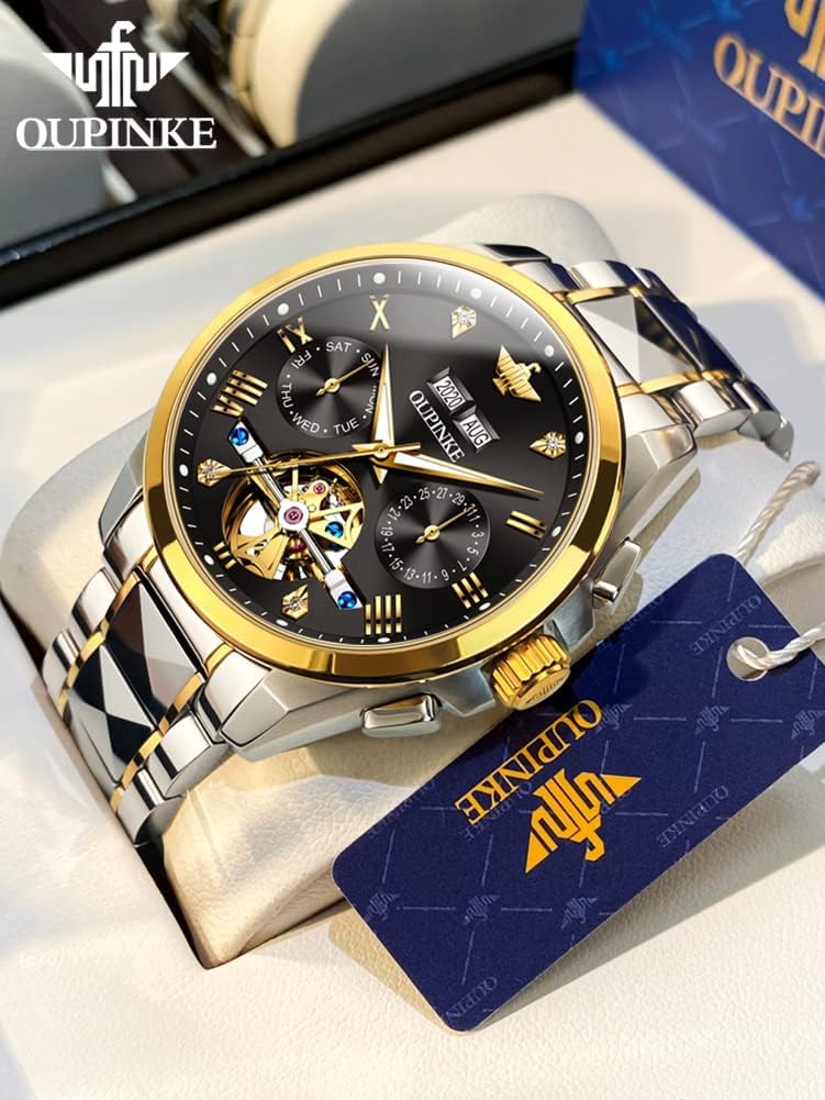 OUPINKE Gold Men Automatic Mechanical Wrist Watches Luxury Dress Tungsten Steel Luminous Waterproof Sapphire Diamond Calendar Best Gifts Men