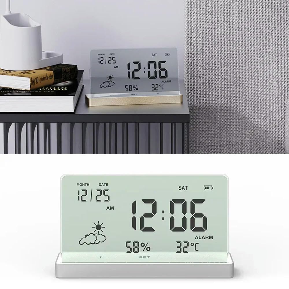 NYSDM - Orologio digitale trasparente con display 3 in 1, grande schermo, temperatura, umidità, data, sveglia, base trasparente, decorazione per casa e ufficio