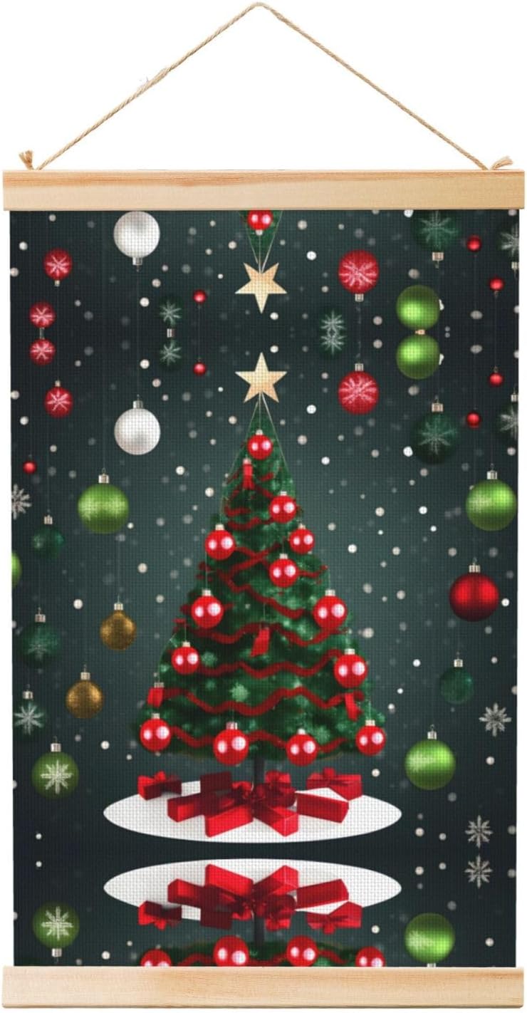 Christmas Tree And Ball Print Poster Hanger,Hanging Poster, Poster Frame,Wood Poster Hanger, For Wall Hanging