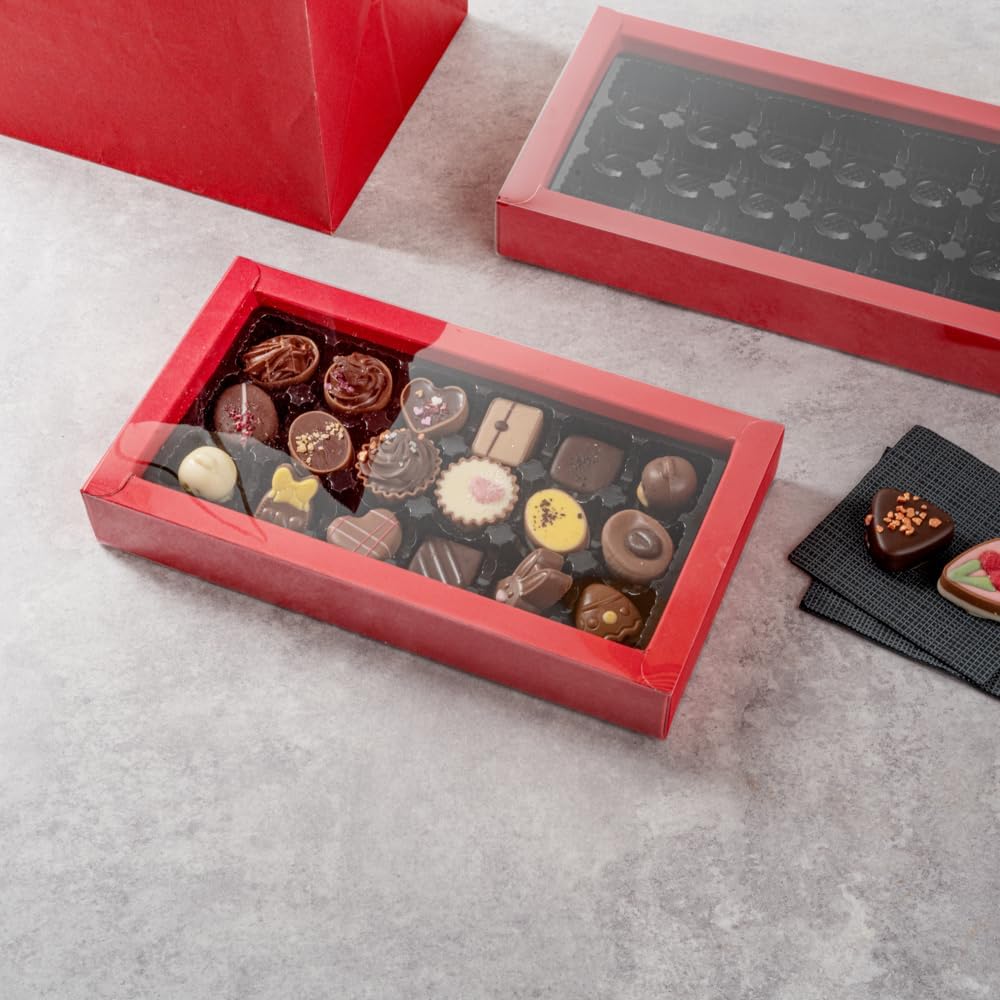 Restaurantware Sweet Vision 10 x 5.7 x 1.6 Inch Rectangle Candy Boxes, 10 Disposable Bakery Gift Boxes - 18 Compartments, With Slidable Clear Lids, Red Paper Boxes For Chocolate, And Treats
