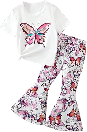 OLMRJKD Kid Toddler Girl Clothes Outfits Short Sleeve Butterfly Top Flared Leg Pants Summer Clothing Set