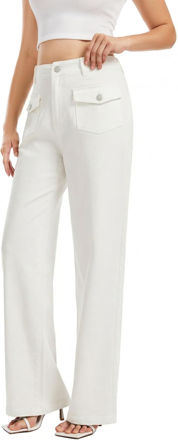 Women's Wide Leg Jeans High Waisted Stretchy Pockets Front Straight Leg Y2K Jeans Long Trousers