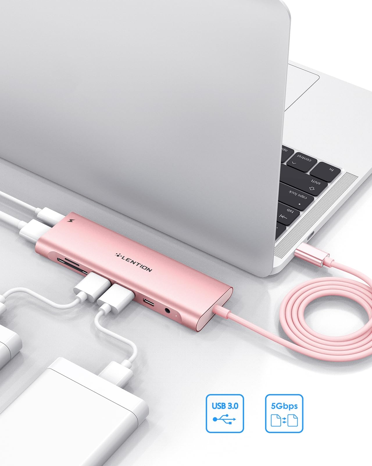 LENTION Długi kabel USB C Hub z 4K HDMI, 2 USB 3.0, czytnik kart, Aux, typ C / adapter ładowania 100 W do MacBooka Pro 2023-2016, nowego Mac Air/Surface, ChromeBook, więcej (CB-C37, różowe złoto)