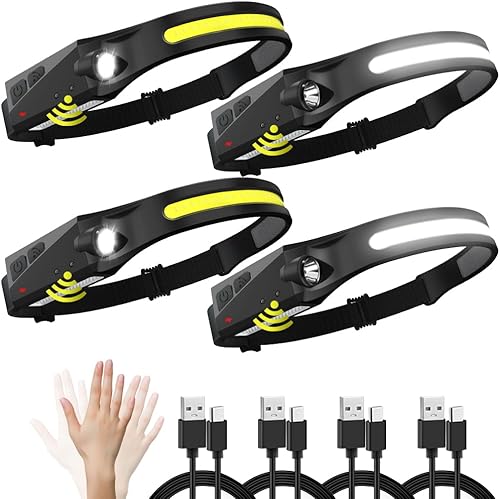 Paquete de 4 faros delanteros recargables, LED con sensor de movimiento, faros delanteros de 5 modos para adultos, faro de haz ancho COB de 230,