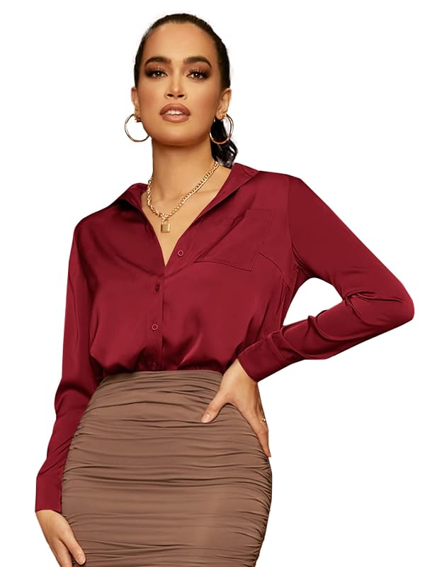 Floerns Women's Satin Long Sleeve Button Up Blouse Work Office Silky Shirts Tops Burgundy Red S by Floerns - Used condition - US$15.01