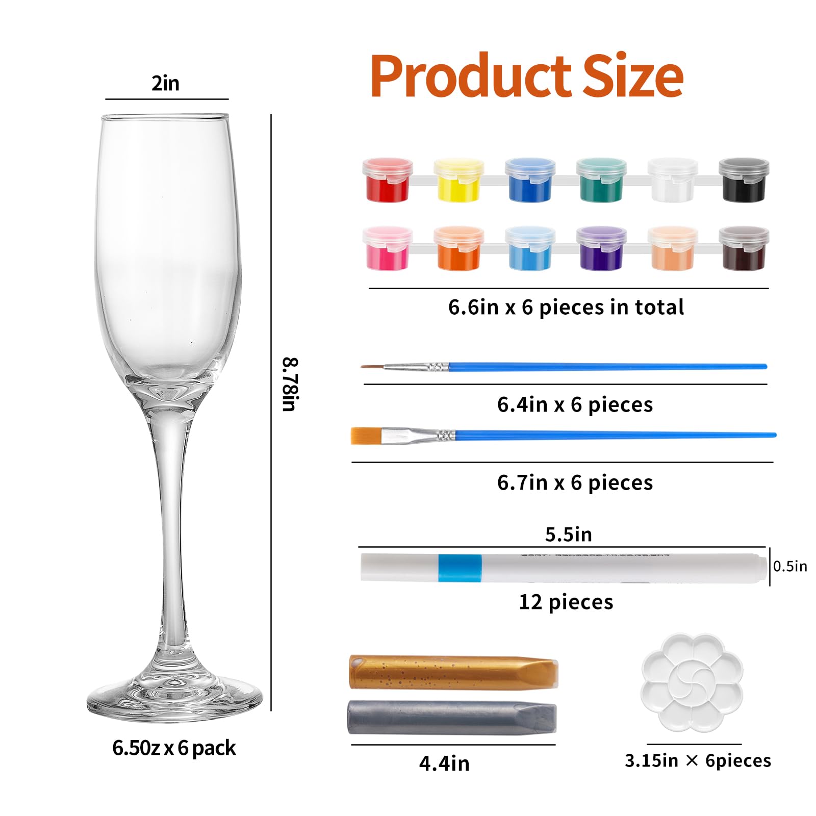 JMKJMJP 6 Sets Paint Your Own Wine Glass Set with 12 Markers, 2 Outliners, 36 Acrylic Paint Strips, 12 Brushes and 6 Palette for Adults, Ladies Night or Couple