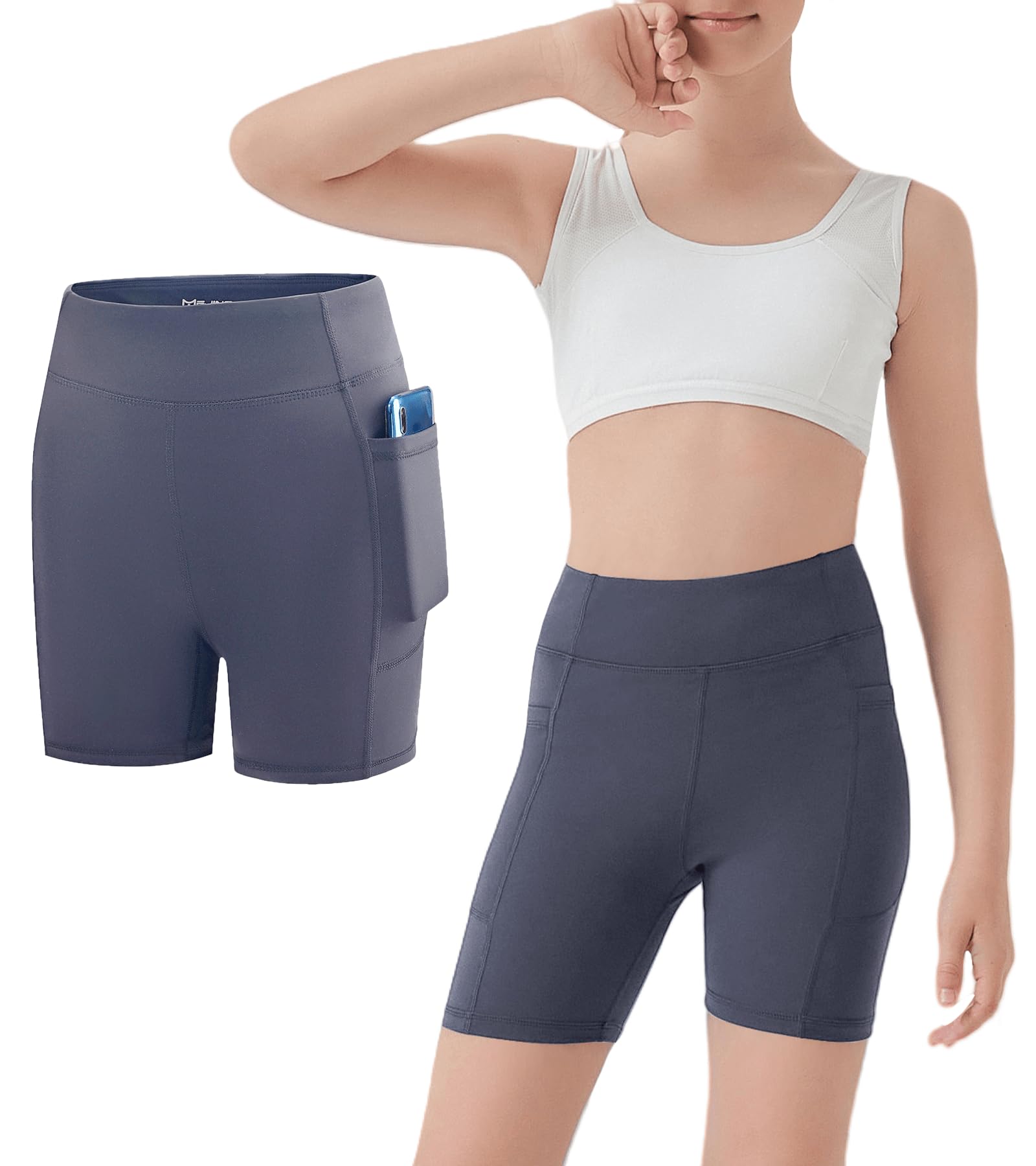Girls Athletic Biker Shorts with Pockets Butter Soft High Waisted