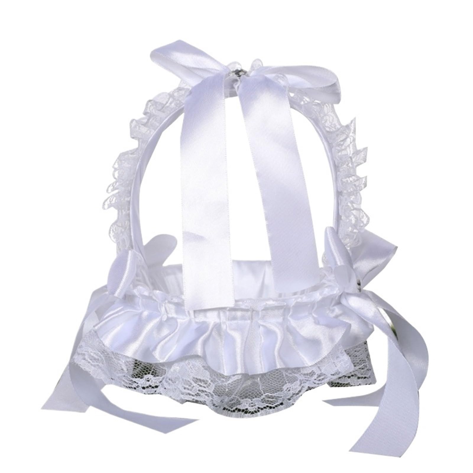 Flower Girl Bow Basket White Satin Lace Faux Flowers