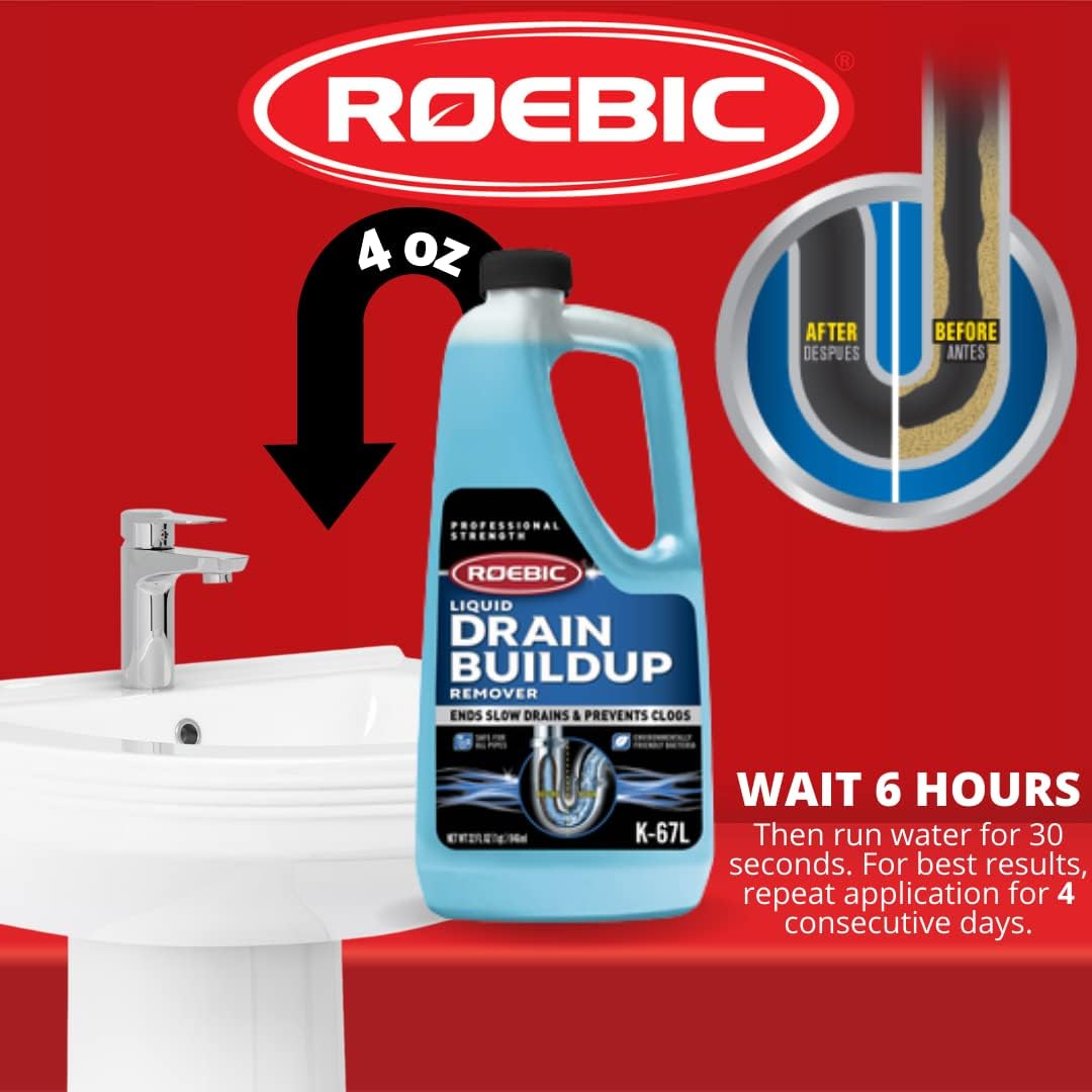 Roebic Liquid Drain Buildup Remover, Exclusive Bacteria Ends Slow Drains and Prevents Clogs, 32 Ounces (K-67L-Q)