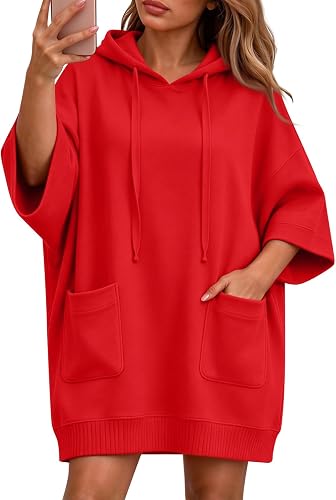Plus Size Hoodie Dress Ribbed Hem Front Patch Pockets Relaxe