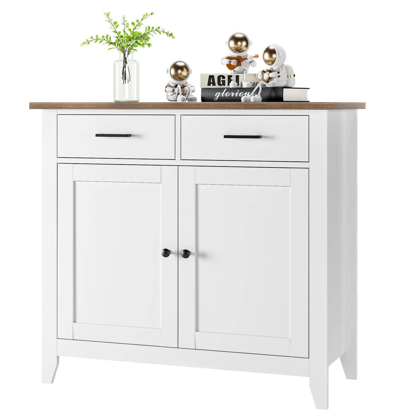 HOCSOK Küchenschrank mit Arbeitsplatte, Sideboard mit 2 Schubladen und 2 Türen, Buffetschrank für Küche, Wohnzimmer, Esszimmer, Flur, Holz, Landhausstil