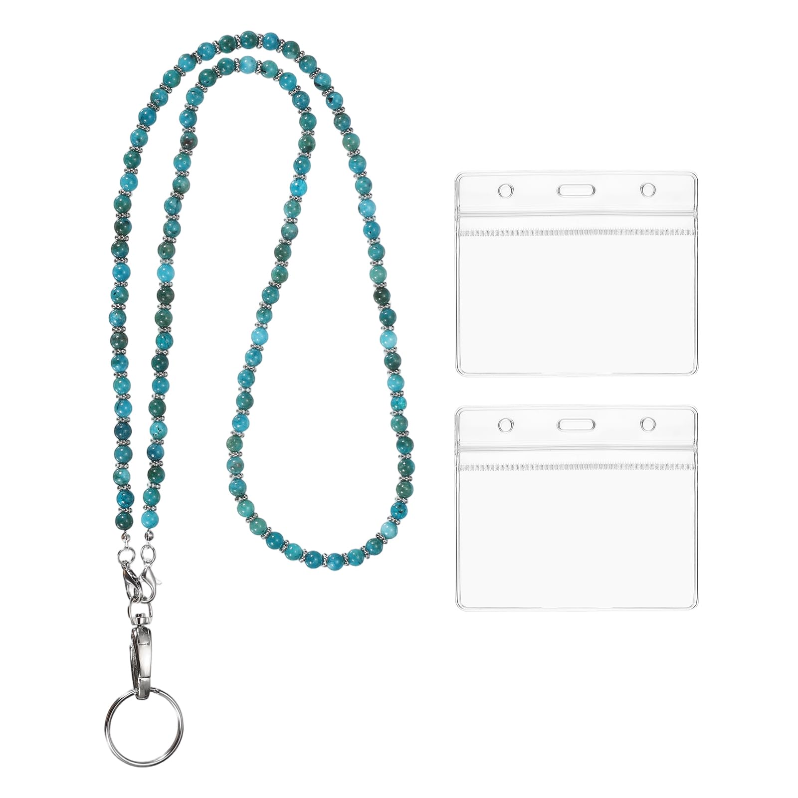 PATIKIL Beaded Lanyards for ID Badges, Cute Gemstone Beaded Keychain Necklace Lanyard with 2 Horizontal Badge Holders for Women Teacher Gift Keys Chain Cards, Sea Blue