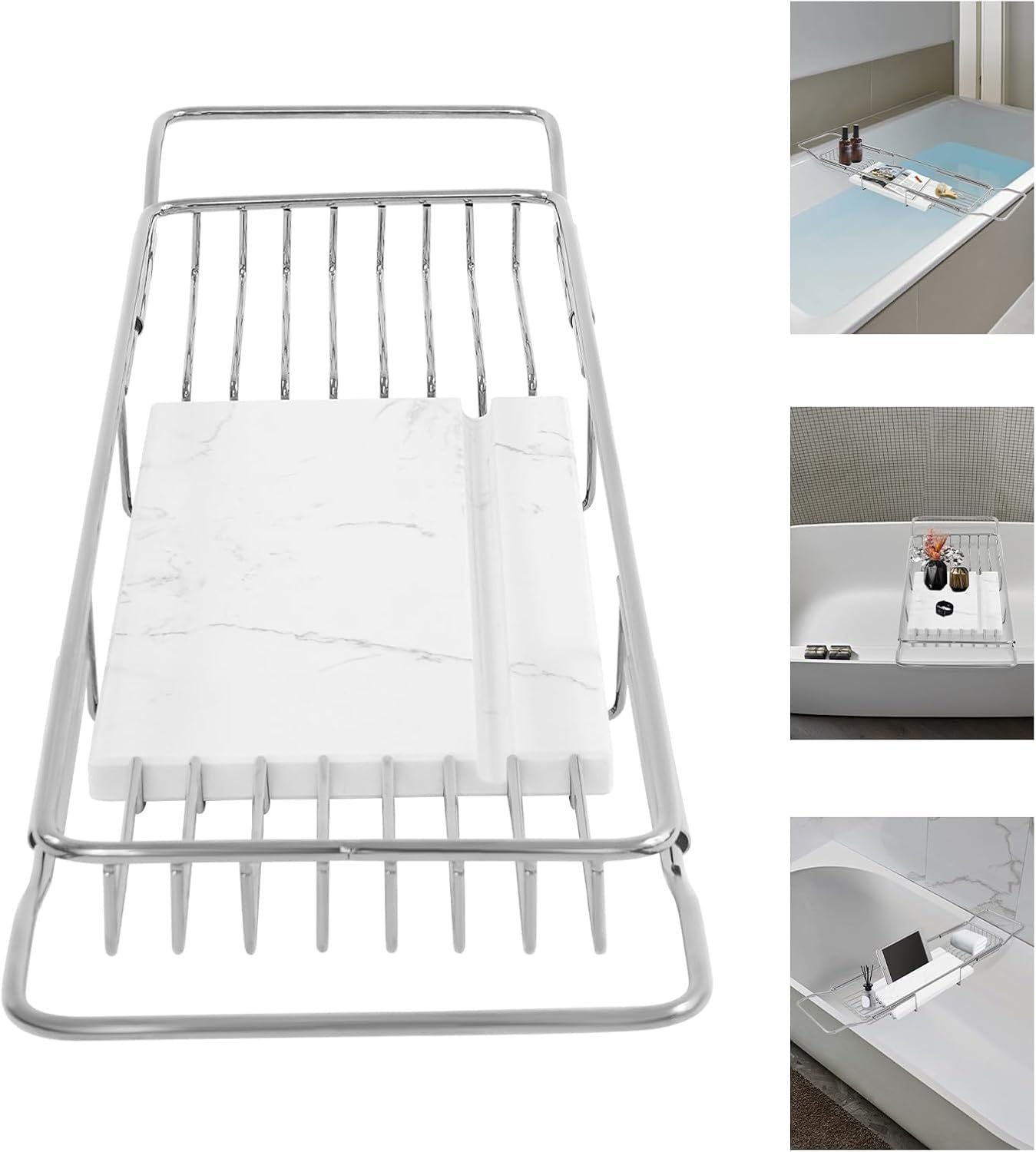 Bandeja Extensible de mármol para bañera de Acero Inoxidable | Bandeja extensible de acero inoxidable y mármol para bañera con soporte para libros, de 68 a 90 cm