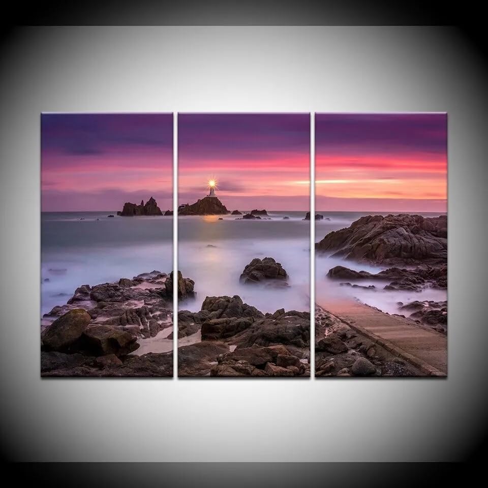 Affiche Mer et Phare Rose : Décoration murale canvas 3 pièces pour chambre cocooning