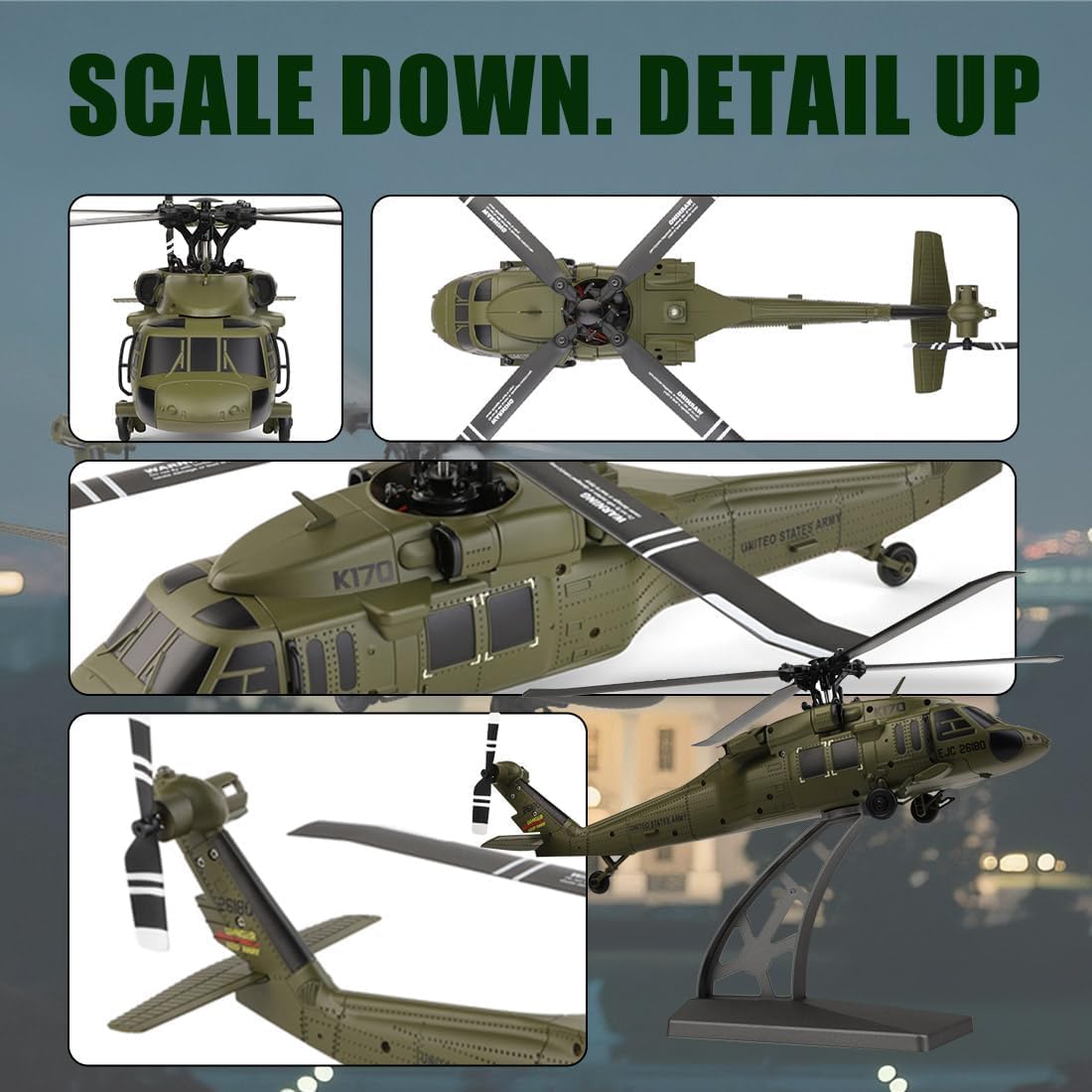 RC Helicopter Brushless Motor 4CH,2.4G K170 Green Remote Control Helicopter,6-Axis Gyro Altitude Hovering,RC Aircraft Single Wing Aileronless,for Adults Beginners (2 Batteries Version)