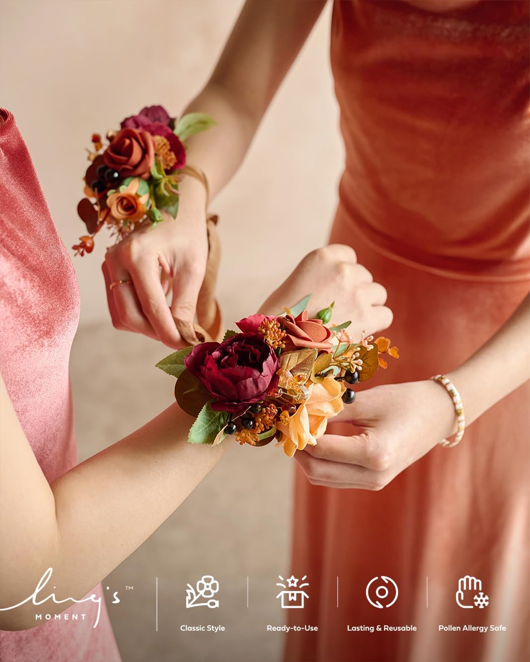 Condition photo showing New/Like New for ling's moment 2pcs prom wrist/shoulder corsage artificial flower, girl/mother homecoming/wedding corsage wristlet décor, etc. terracotta cream or-terracotta & cream